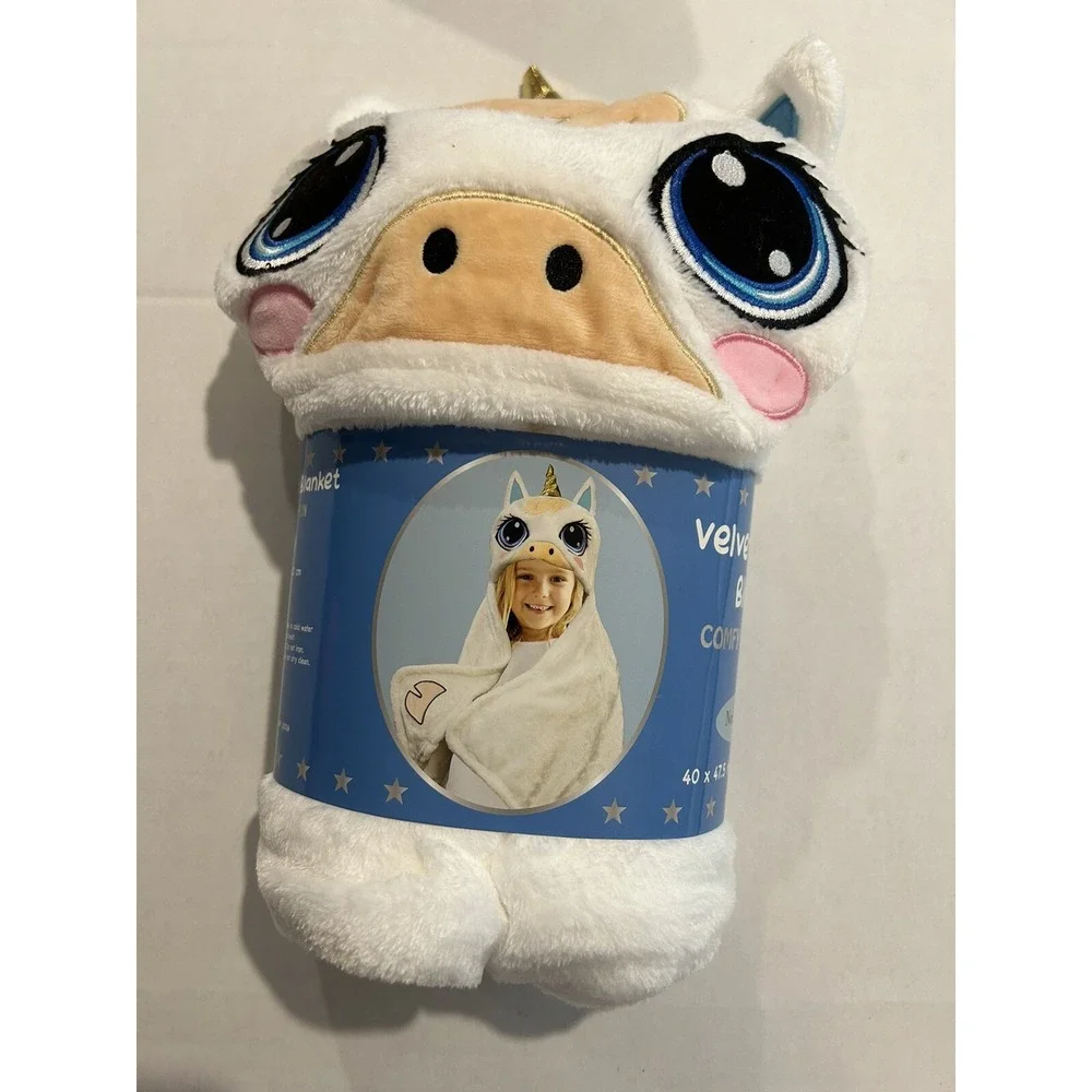 Unicorn Velvet Hooded‎ Blanket New Kids Plush Birthday Christmas 40 X 47.5 White